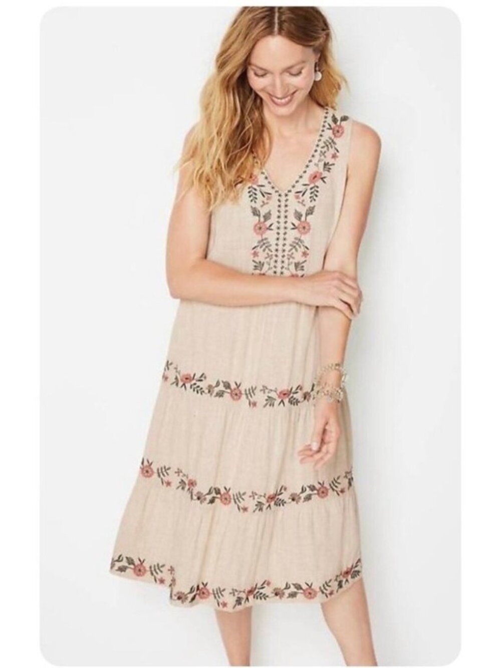 J Jill Linen Blend Floral Embroidered Sleeveless Tiered Midi Dress Size 3X